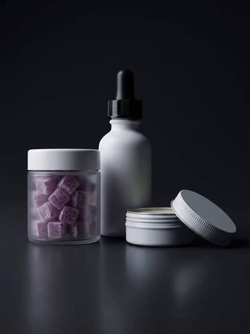 CBD tincture, gummies and balm still life