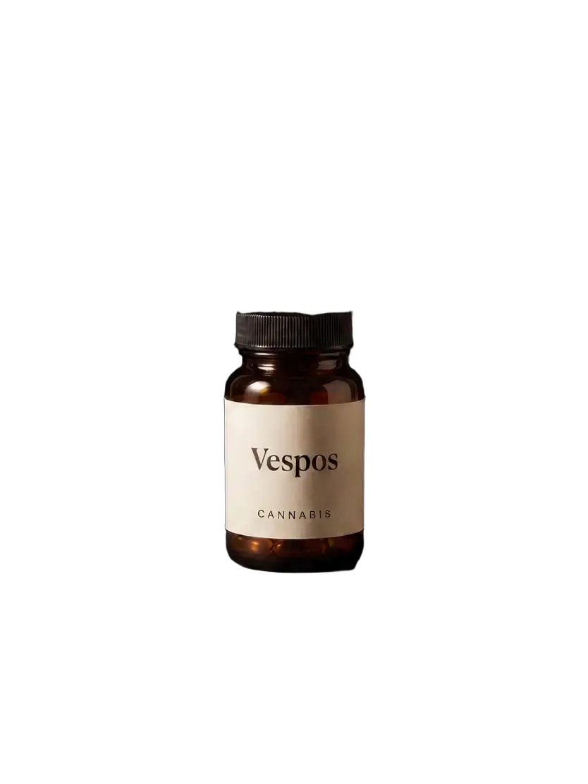 Amber glass bottle of Vespos cannabis oil capsules