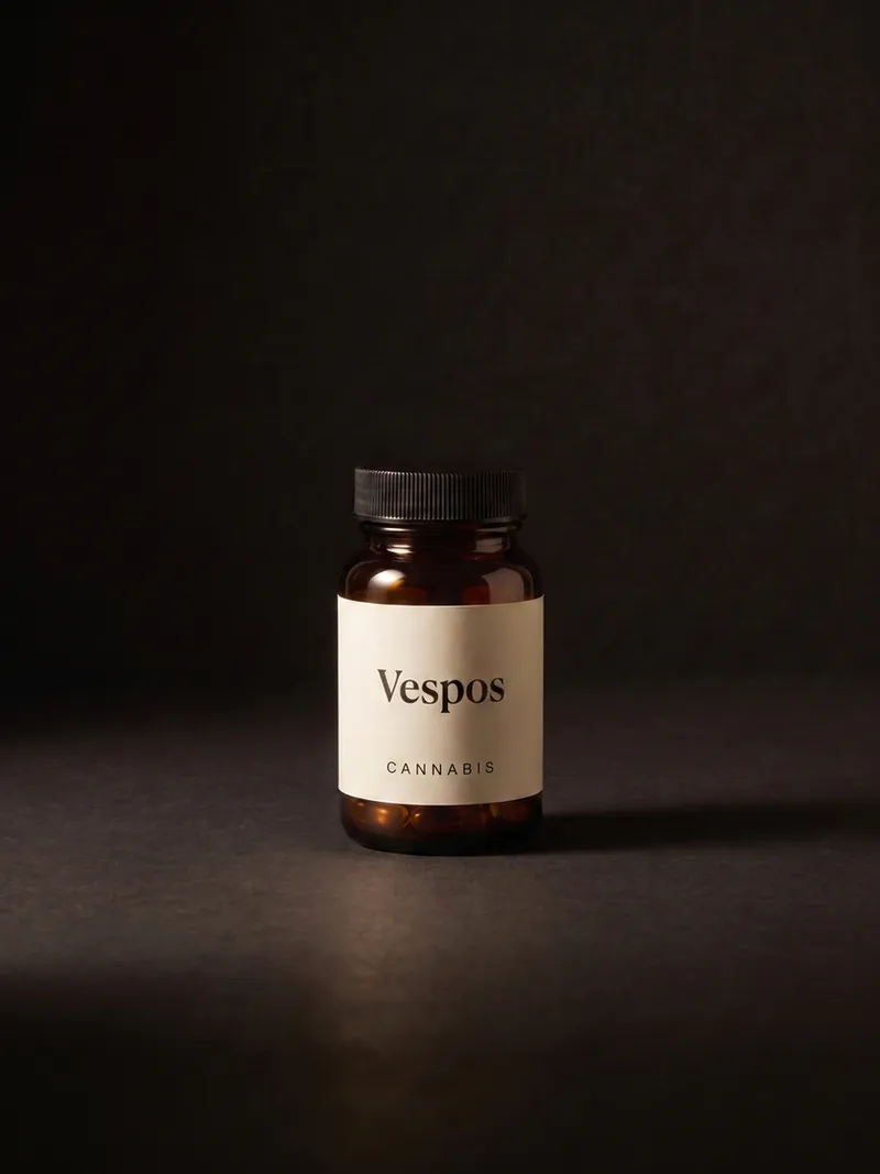 Amber glass bottle of Vespos oil capsules on a dark studio surface