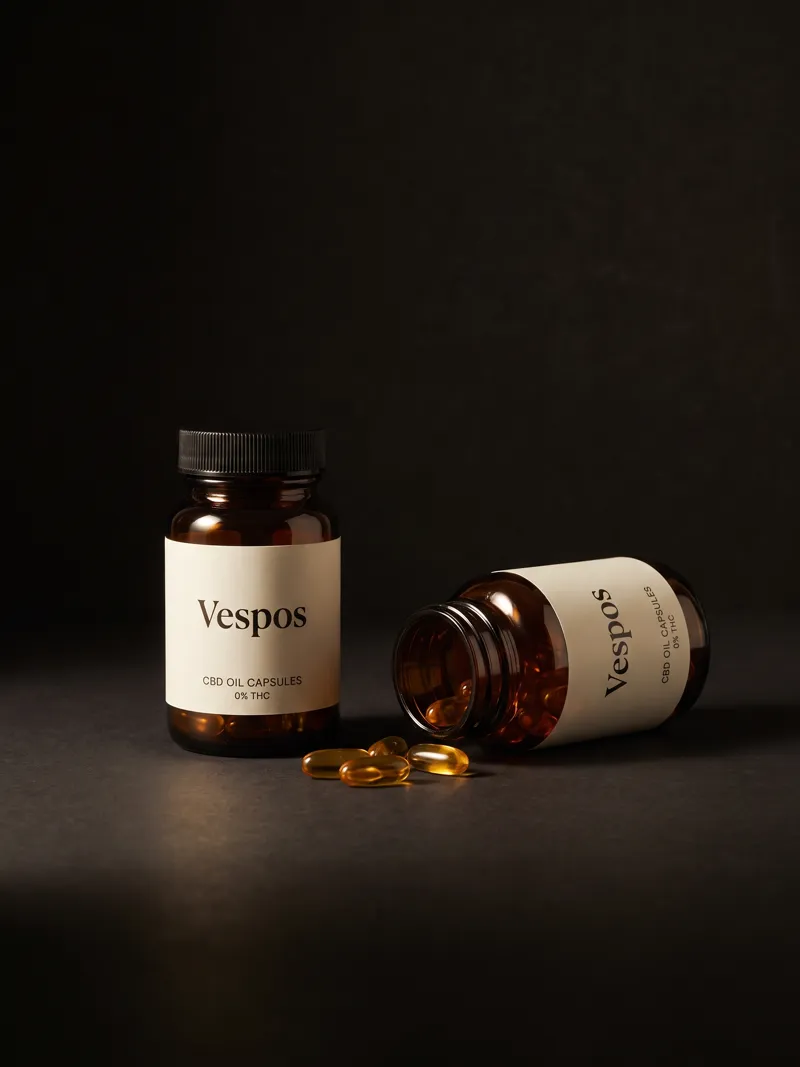 Amber glass bottles of CBD oil capsules