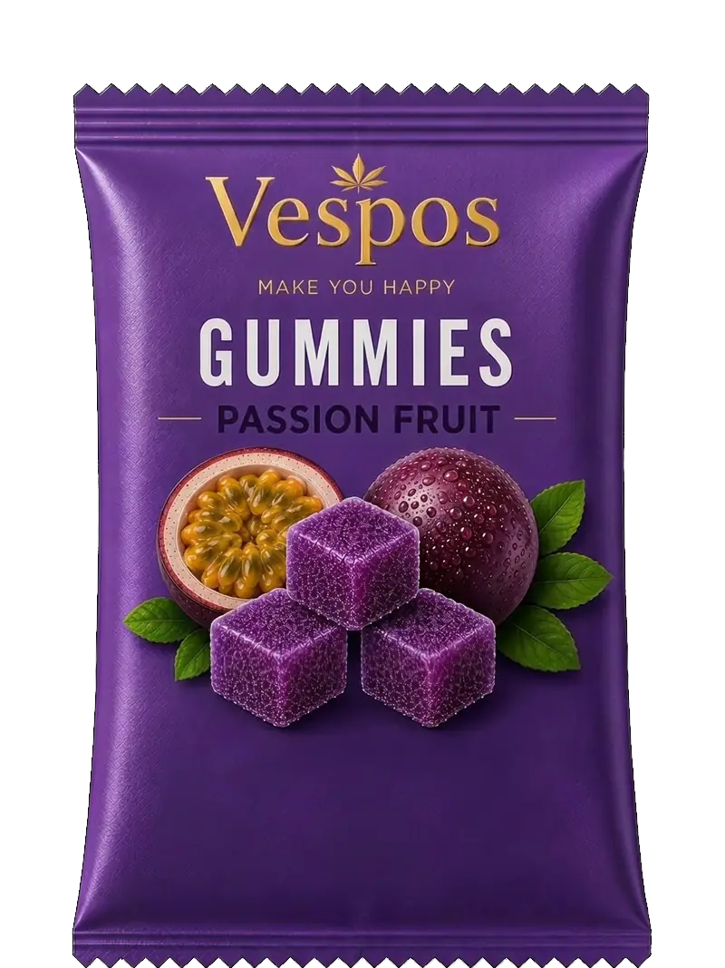 Vespos Gummies pouch — passion fruit CBD gummy cubes