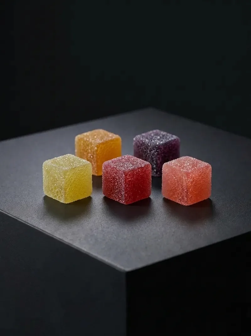 Five sugar-dusted CBD gummy cubes in flavor colors on a dark studio surface