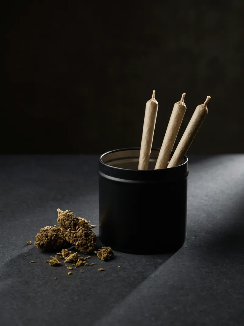 Hemp flower pre-rolls in a black tin